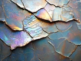Poster - Abstract iridescent texture close up of cracked material showing rainbow colors and broken surface in studio shot
