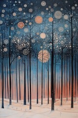 Poster - Winter Forest Fantasy Art Illustration of Bare Trees and Snowflakes in Blue and Orange Tones