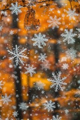 Poster - Autumn Leaves and Snowflakes Overlay Abstract Vertical Composition Seasonal Transition