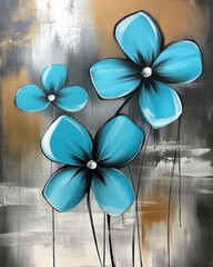 Poster - Abstract Floral Painting of Turquoise Flowers on Textured Background Artistic Still Life Close Up