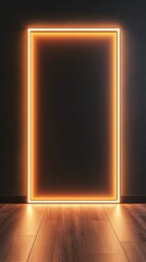 Poster - Modern interior with glowing frame on wall and wooden floor, studio shot, warm light, minimalist design, copy space