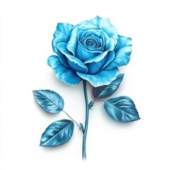 Poster - Isolated blue rose on white background single bloom with stem and leaves detailed petals close up studio shot
