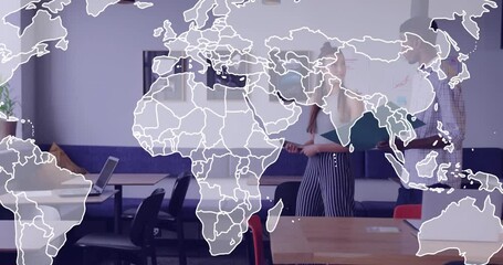 Poster - Female and male colleagues reviewing tech documents via smartphone and laptop showing map overlay