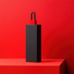 Poster - Security concept featuring a black box with a red padlock on a red platform in a studio shot with a minimalist style