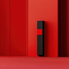 Poster - Abstract geometric composition of red wall and black object with red square in studio shot
