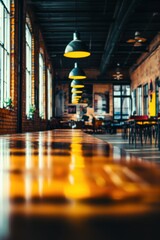Poster - Interior view of a cafe with hanging lights and brick walls, close-up shot of a wooden table, warm and inviting atmosphere, daylight