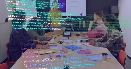 Poster - Team collaborating in tech meeting, presenting mobile interface with floating code snippets