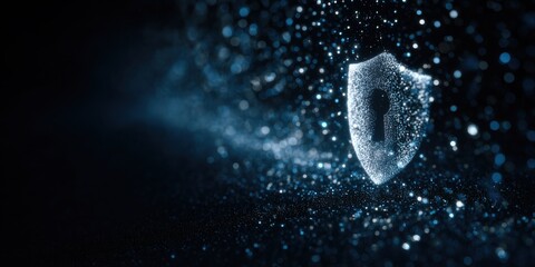 Poster - Digital shield represents cybersecurity in a glowing blue environment filled with particles and light effects