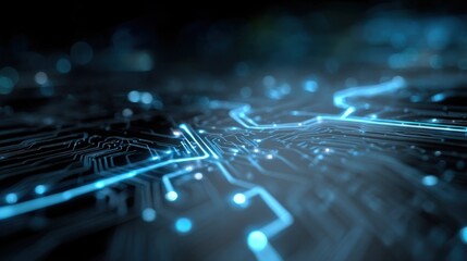 Poster - Close-up view of a glowing circuit board displaying intricate patterns of electronic connections and technology