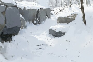 Poster - Winter Landscape Painting of Snowy Rocks and Trees in a Forest Path Digital Art Illustration