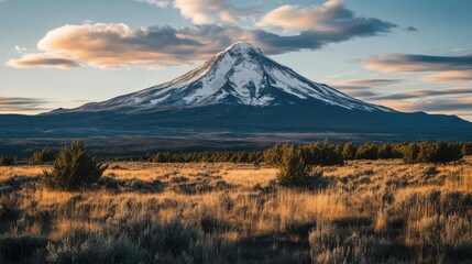 Wall Mural - Mount Shasta scenic landscape view at sunset; snow covered peak in Northern California; golden light over meadow and forest