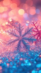 Poster - Macro shot of a sparkling snowflake on ice crystals with pink and blue bokeh background for winter holiday season