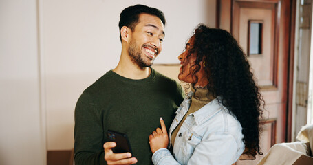 Aufkleber - Home, hug and couple with love, smartphone and bonding together with communication. People, apartment and embrace with man, woman and cellphone with social media, romance and relationship with app