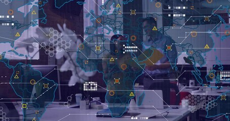 Poster - Two colleagues discussing business data in modern office, showing world map overlay with hex icons