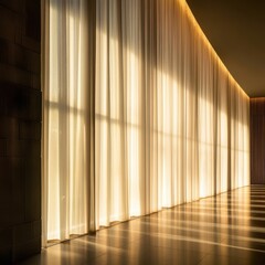 Poster - Interior shot of long sheer curtain in sunlight casting shadows on floor in modern architectural design
