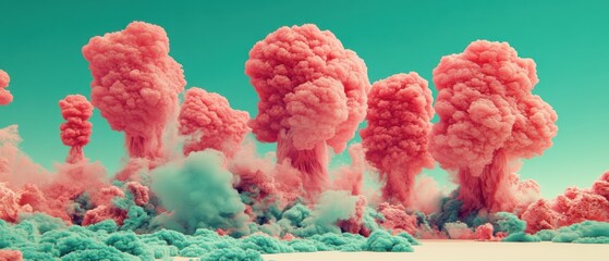 Poster - Pink cloudscape surreal explosion landscape with turquoise sky and ground level view of abstract mushroom clouds