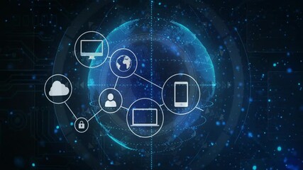 Poster - Technology icons being animated around glowing dotted globe, connecting devices in flat design
