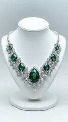 Poster - Emerald and Diamond Necklace Displayed on Mannequin Close Up Studio Shot Jewelry Fashion Luxury Gift Elegant