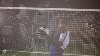Poster - male goalkeeper reaching forward in sports training, with animated ball trajectory and net overlay