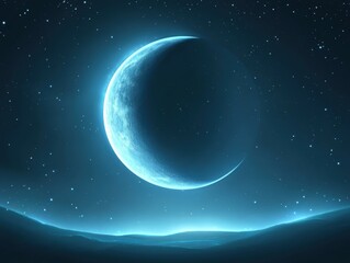 Wall Mural - Crescent moon rising over a serene landscape in a starry night sky celestial glow ethereal beauty fantasy scene