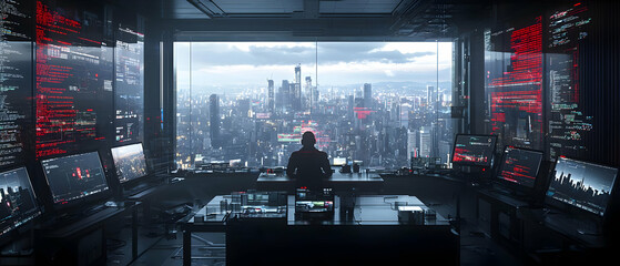 Poster - Futuristic Control Room Cityscape View