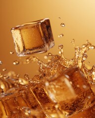 Poster - Ice cubes splashing in golden liquid studio shot high angle refreshing drink concept cold beverage refreshment