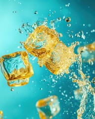 Poster - Ice cubes splashing in water against vibrant turquoise background studio shot close up refreshing drink concept