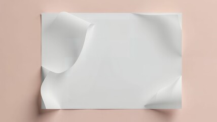 Poster - White textured paper sheet curls on light pink background, creating gentle folds and soft shadows