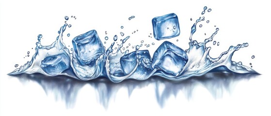 Poster - Ice Cubes Splashing in Water Illustration on White Background Close Up Refreshing Cool Drink Concept Graphic Design