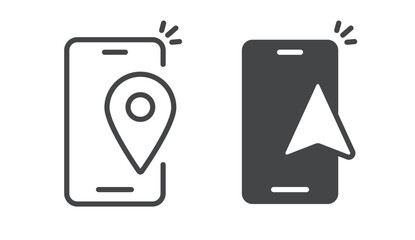 Poster - Navigation mobile cell phone icon solid simple line stroke outline vector graphic set, cellphone smartphone gps technology pictogram sign symbol, cellular compass arrow linear thin image clip art