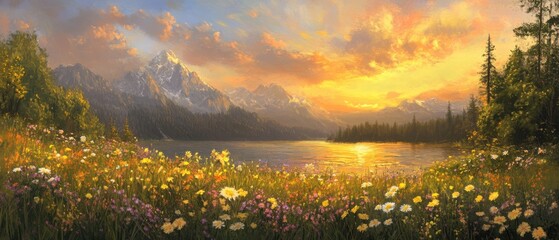 Wall Mural - Scenic Mountain Lake at Sunset with Wildflower Meadow Landscape Painting Style Vista Serene Nature Scene