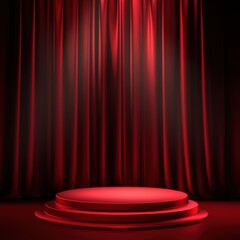 Poster - Red Stage with Spotlight and Curtain Background for Performance or Presentation Backdrop in Studio
