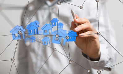 Poster - home data. Digital cyberspace with particles and Digital data network connections concept.