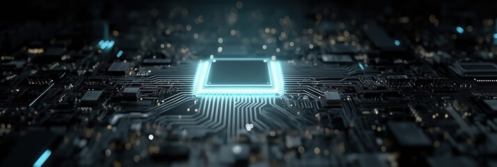 Poster - a computer chip is lit up in a black background. the chip is surrounded by a lot of other electronic