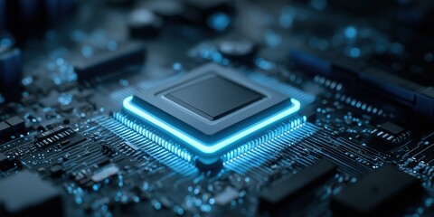 Poster - A computer chip is lit up in blue. The chip is a microprocessor