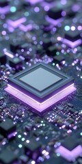 Fototapete - A computer chip is lit up in purple and blue. The chip is surrounded by a purple background