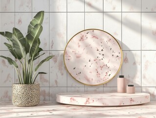 Poster - Minimalist product display with plant and marble platform studio shot of cosmetic bottles on a pink marble platform