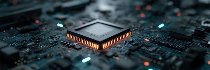 Fototapete - A computer chip is lit up with a blue background. The chip is surrounded by other electronic components