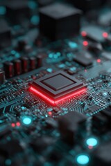 Poster - A close up of a computer chip with red lights. Concept of technology and innovation, as well as the complexity of modern computer systems. The bright red lights on the chip add a sense of energy