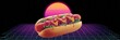 © Andrii Zastrozhnov - A hot dog is shown in a neon, colorful background. The hot dog is covered in mustard and ketchup, and it is sitting on a bun. Scene is fun and playful