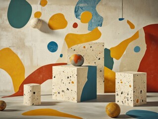 Poster - Abstract Still Life of Terrazzo Geometric Shapes and Spheres Against a Colorful Modern Art Wall Backdrop Studio Shot