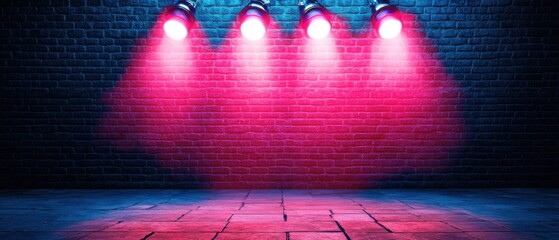 Poster - Stage Backdrop with Pink Lights on Brick Wall and Floor for Concert Performance or Presentation