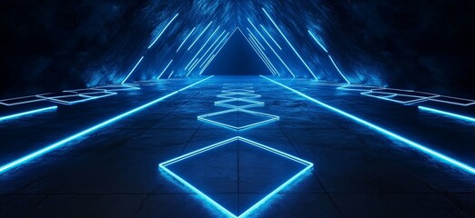 A futuristic tunnel with glowing blue neon lights and geometric patterns