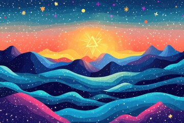 Wall Mural - Starry Night Mountain Range Landscape with Geometric Sun Shining Above Colorful Hills Digital Art