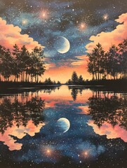 Wall Mural - Dreamy painting of moon and stars reflected in lake at twilight landscape art style peaceful nature scene