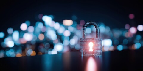 Poster - A digital image of a keyhole in a lock with a city background. Concept of security and protection, as the keyhole represents a way to unlock and access something valuable or important