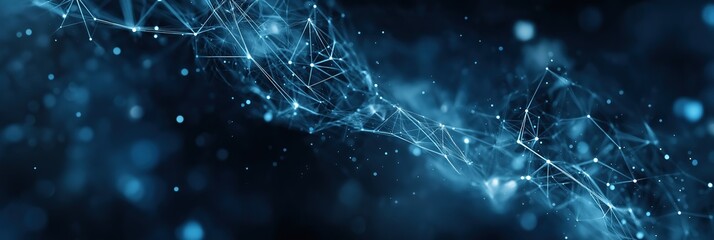 Fototapete - A blue image of a string of lights that is blurry and has a lot of dots. The image has a futuristic and abstract feel to it