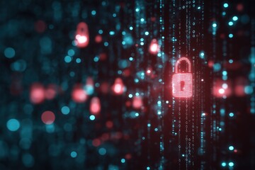 Poster - A close up of a red and blue computer screen with a red lock symbol. The lock symbol is surrounded by a blue background. Concept of security and protection
