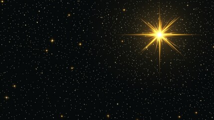 Poster - Night Sky with Bright Star Shining Golden Light in Dark Space Illustration Graphic Design