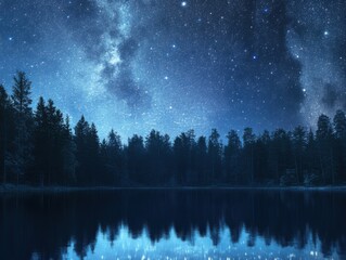 Wall Mural - majestic milky way over forest lake at night reflecting stars in water surface serene landscape scen